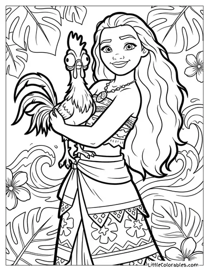 Moana Holding Hei Hei the Rooster Coloring Page