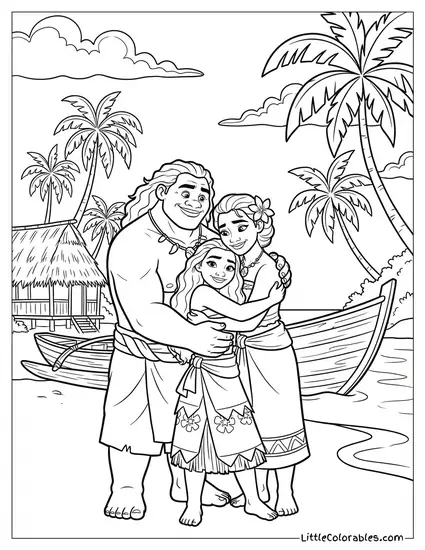 Moana Hugging Her Parents Coloring Page