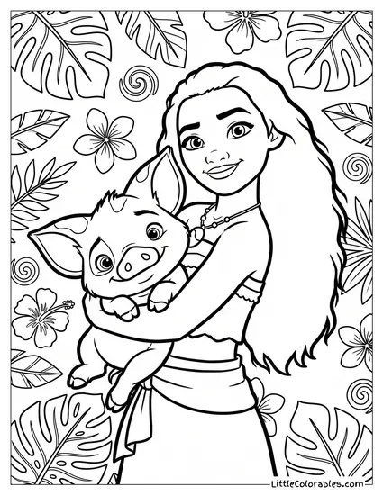 Moana Hugging Pua the Pig Coloring Page