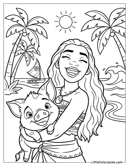 Moana Laughing with Pua Coloring Page