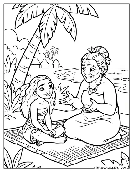 Moana Listening to Grandma Tala's Stories Coloring Page