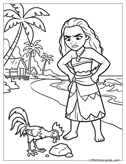 Moana Looking Annoyed at Hei Hei Coloring Page