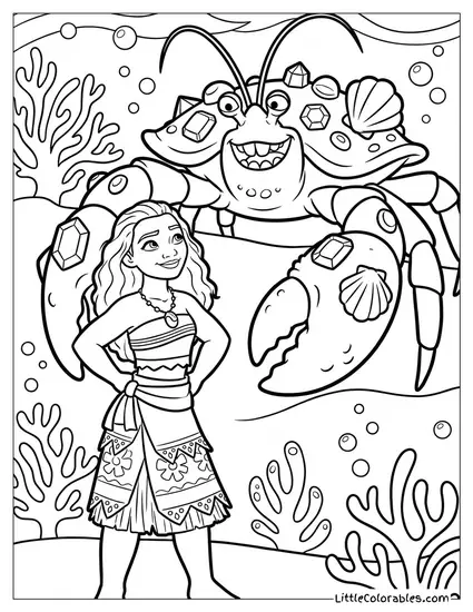Moana Looking at Tamatoa the Shiny Crab Coloring Page
