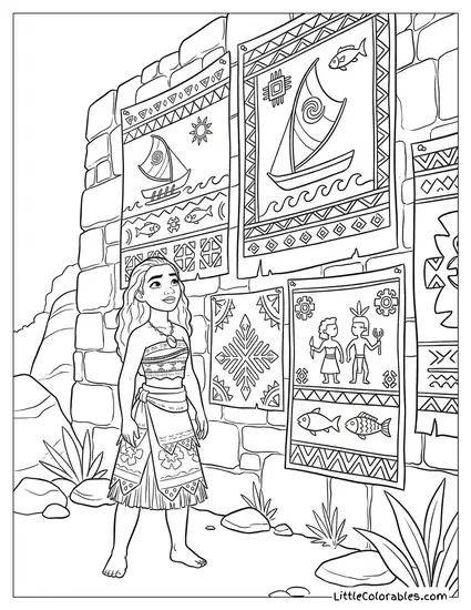Moana Looking at the Ancient Tapestries Coloring Page
