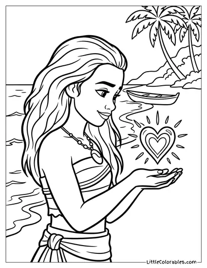 Moana Looking at the Glowing Heart Coloring Page