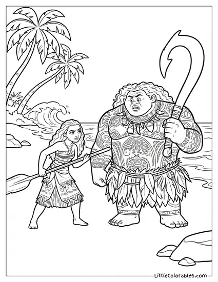 Moana Meeting Maui for the First Time Coloring Page