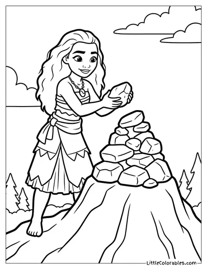 Moana Placing Her Stone on the Mountain Coloring Page