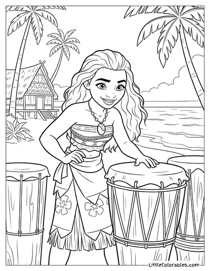 Moana Playing the Drums Coloring Page