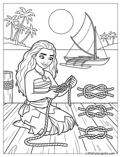 Moana Practicing Sailing Knots Coloring Page