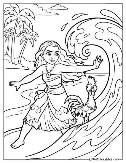Moana Protecting Hei Hei from Danger Coloring Page