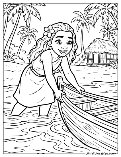 Moana Pushing Her Boat into the Water Coloring Page