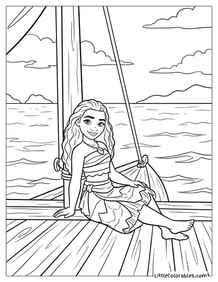 Moana Resting on the Deck of the Boat Coloring Page