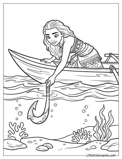 Moana Retrieving Maui's Fish Hook Coloring Page
