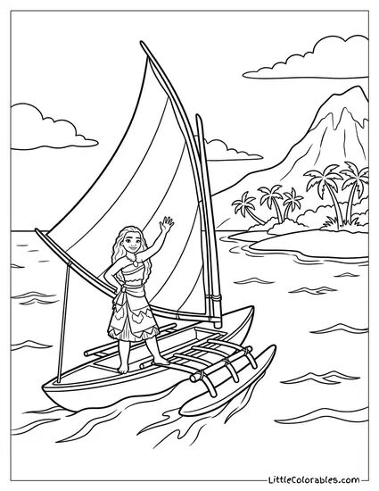Moana Sailing Back Home to Motunui Coloring Page