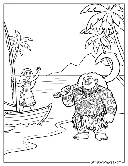 Moana Saying Goodbye to Maui Coloring Page