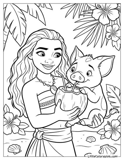 Moana Sharing a Coconut with Pua Coloring Page