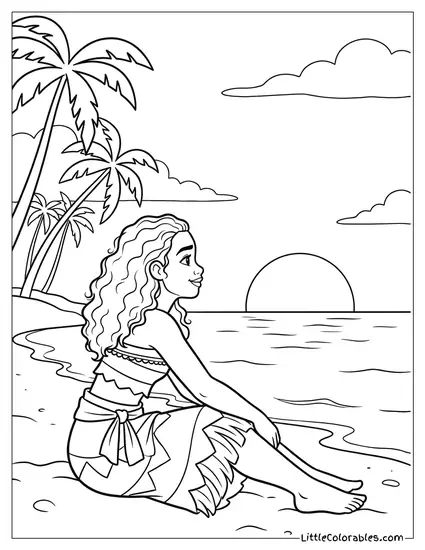 Moana Sitting on the Beach Looking at the Sunset Coloring Page