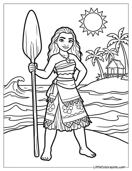 Moana Standing Strong with Her Oar Coloring Page