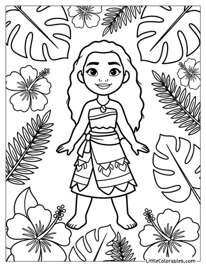 Moana Surrounded by Tropical Plants Coloring Page