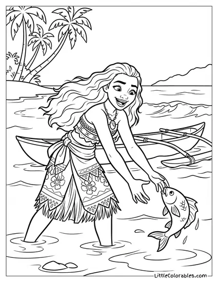 Moana Trying to Catch a Fish Coloring Page