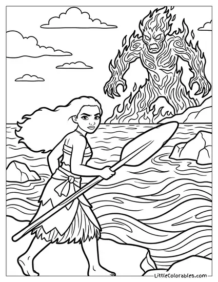 Moana Walking Towards Te Ka Fearlessly Coloring Page