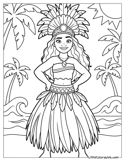 Moana Wearing Her Chief Outfit and Headdress Coloring Page