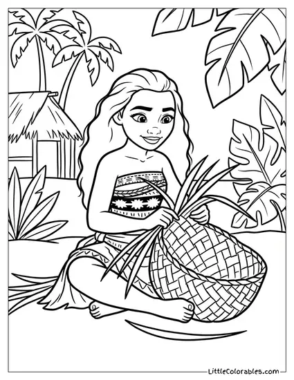 Moana Weaving a Basket from Palm Leaves Coloring Page