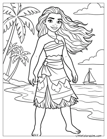 Moana with Wind Blowing Her Hair Coloring Page