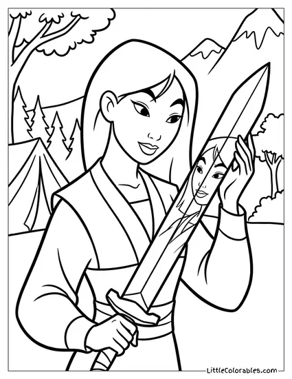 Mulan Looking at Her Reflection in a Sword Coloring Page