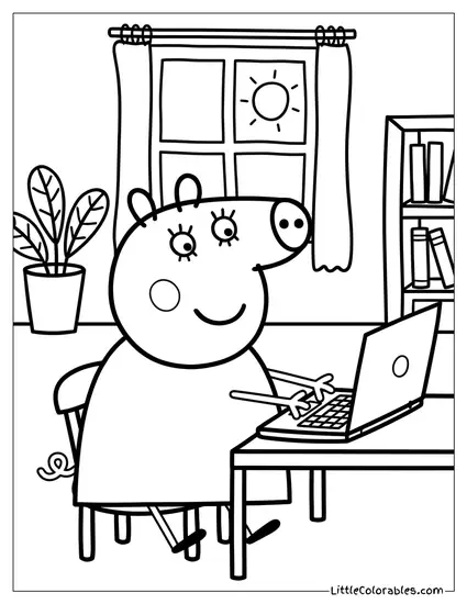 Mummy Pig Working on Her Computer Coloring Page