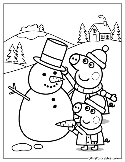 Peppa and George Building a Snowman Coloring Page