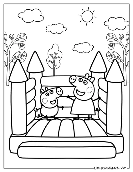 Peppa and George Jumping on a Bouncy Castle Coloring Page