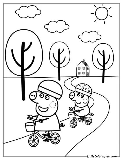 Peppa and George Riding Their Bicycles Coloring Page