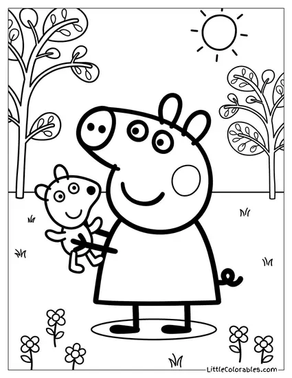 Peppa Holding a Teddy Bear Coloring Page