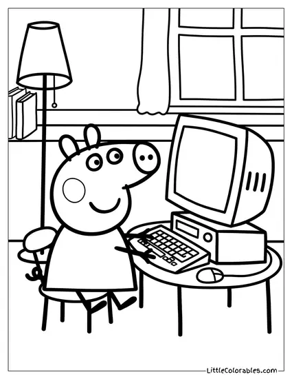 Peppa Looking at a Computer Coloring Page