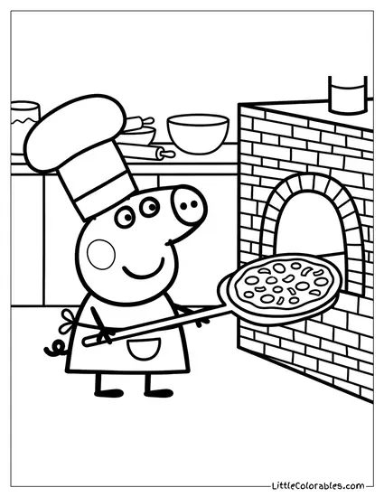 Peppa Pig Dressed as a Chef Cooking Pizza Coloring Page