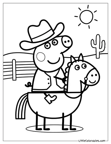 Peppa Pig Dressed as a Cowboy Riding a Horse Coloring Page