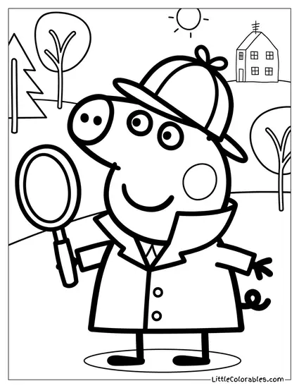 Peppa Pig Dressed as a Detective Holding a Magnifying Glass Coloring Page