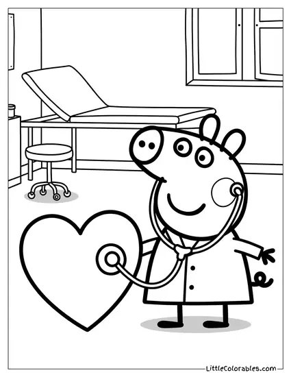 Peppa Pig Dressed as a Doctor Listening to a Heart Coloring Page