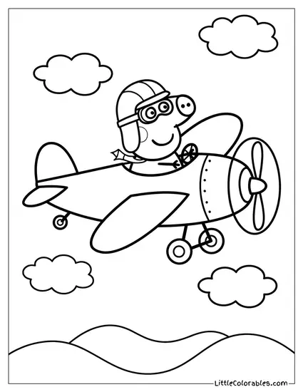 Peppa Pig Dressed as a Pilot Flying a Plane Coloring Page