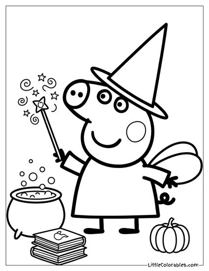 Peppa Pig Dressed as a Wizard Casting Spells Coloring Page