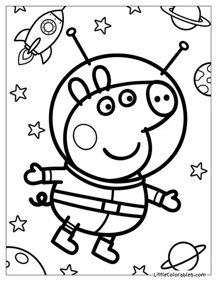 Peppa Pig Dressed as an Astronaut Floating in Space Coloring Page
