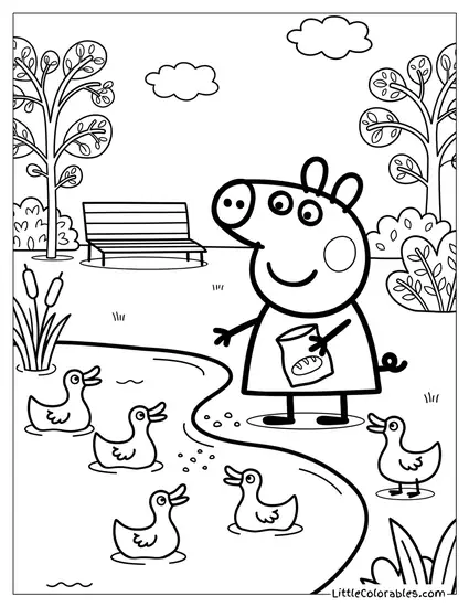 Peppa Pig Feeding Ducks at the Pond Coloring Page