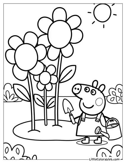 Peppa Pig Gardening with Giant Flowers Coloring Page