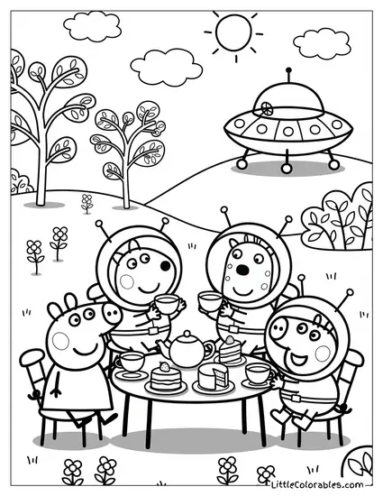 Peppa Pig Having a Tea Party with Aliens Coloring Page