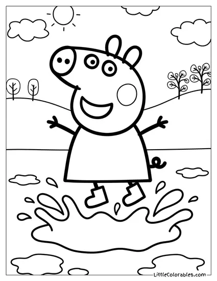 Peppa Pig Jumping in Muddy Puddles Coloring Page