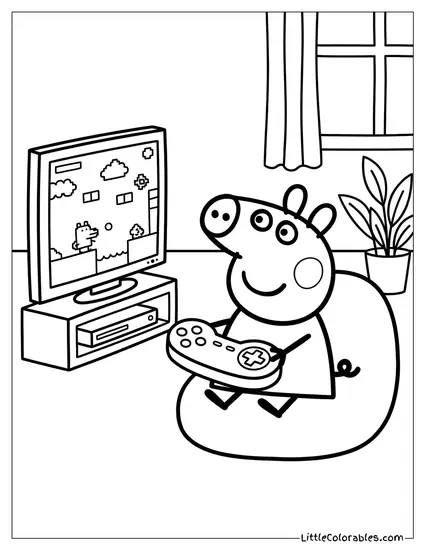 Peppa Pig Playing Video Games with a Controller Coloring Page