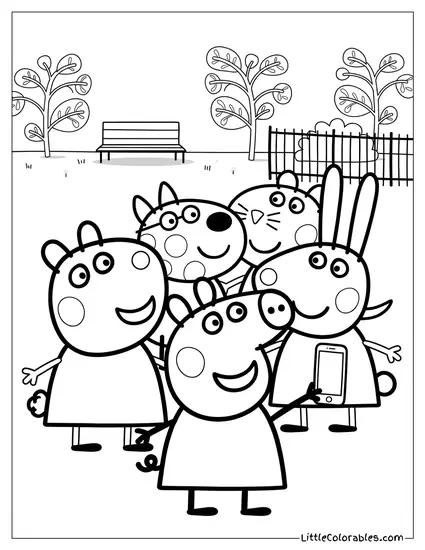 Peppa Pig Taking a Selfie with Friends Coloring Page