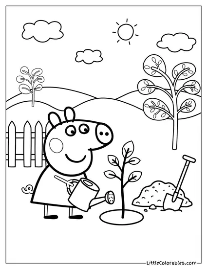 Peppa Planting a Tree Coloring Page