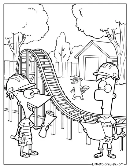 Phineas and Ferb Building a Roller Coaster Coloring Page